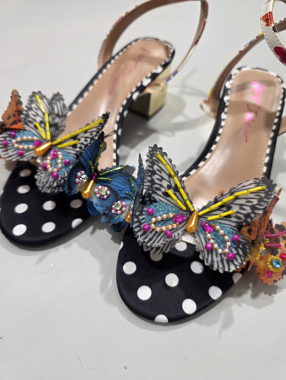 Betsey Johnson Black Polka Dot Sandals with Multicolor Butterfly Embellishments - Picture 2 of 13